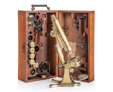 A COMPOUND MONOCULAR MICROSCOPE BY R & J BECK, LONDON, CIRCA 1870constructed in lacquered brass and signed on the 7in. tube a