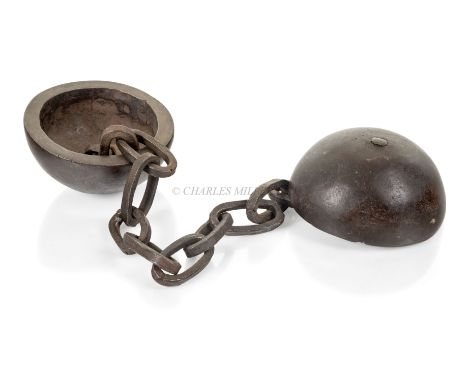A ROUND OF CHAIN SHOT, 18TH-19TH CENTURYcomprising two cast iron 'cups' secured by and containing a 21in. length of square-ed