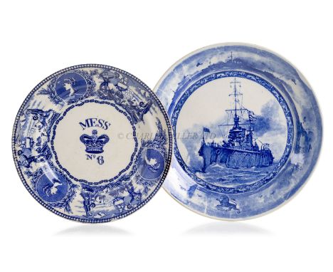 A VICTORIAN BLUE &amp; WHITE STONEWARE MESS PLATE with decorative transfer print border, inscribed Mess No. 6 to center, the 