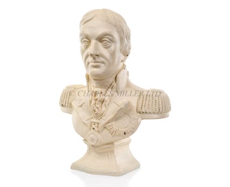 A RARE PLASTER BUST OF NELSON PUBLISHED BY LIDORY'S, TRURO, 1817quarter length in uniform coat with epaulettes, order and med