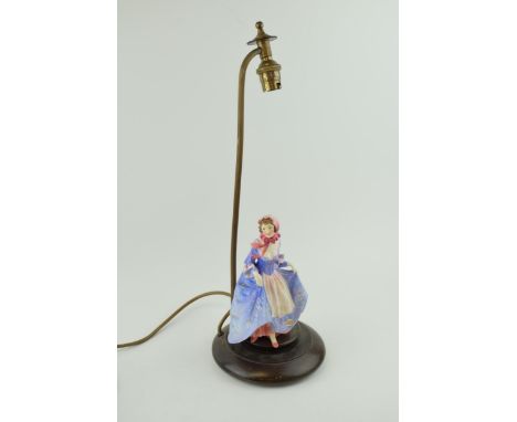 Royal Doulton figural table lamp with pink shade, Suzette, HN1577, in floral blue colourway, with red Royal Doulton sticker t