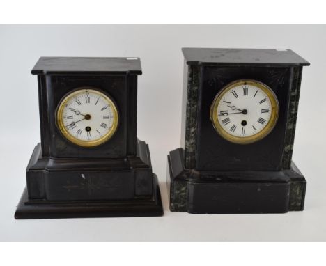 A Slate mantle clock. Ceramic dial with Roman numerals. Height 28cm, with another Slate mantle clock. Ceramic dial with Roman