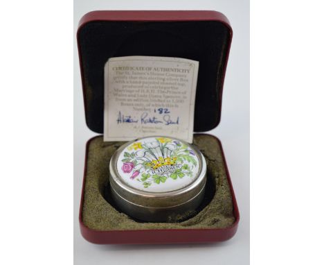 Cased Royal Wedding silver and enamel pill box, gross 54.8g.  