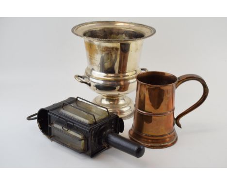 A silver plated wine cooler, a Georgian / Victorian tankard and a carriage lamp (3), tallest 23cm tall.  