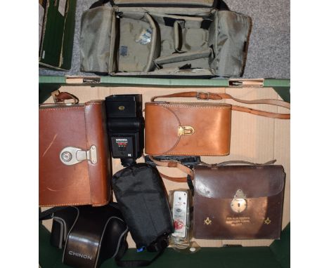 A collection of camera equipment to include 'Chinon' 35 mm camera, lenses and accessories together with a Rushcliffe Lodge it