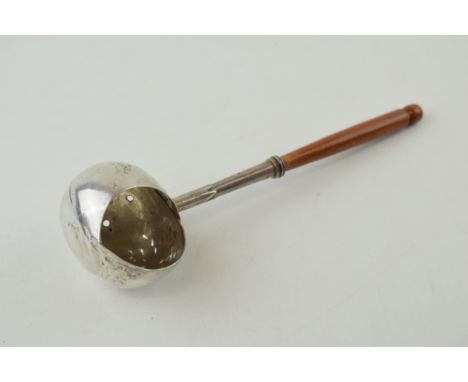 Unusual silver straining ladle with turned wooden handle, in the form of a snail, possibly for cooking snails, Birmingham 197