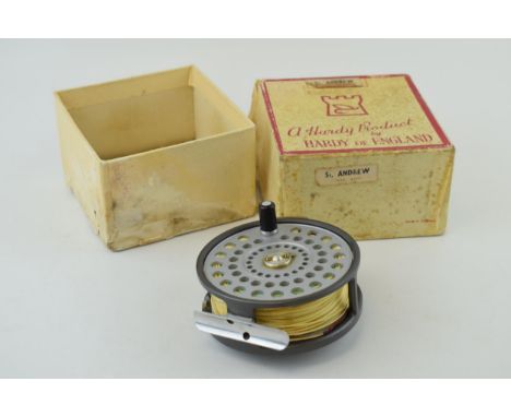 A vintage boxed 'Hardy' 'St Andrew' salmon fly fishing reel. Diameter 11cm.  