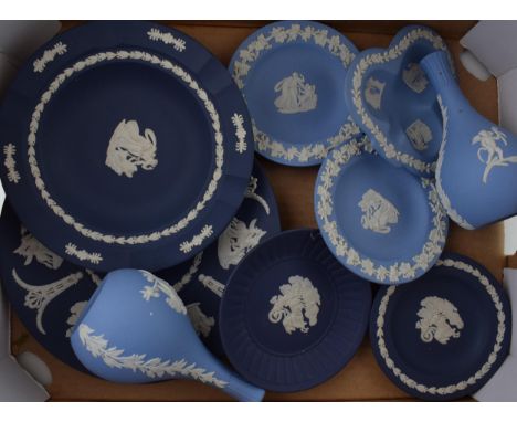 Wedgwood Jasperware in cobalt blue and light blue to include vases, pin dishes and plates etc (9).  In good condition with no