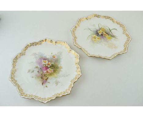 A pair of Doulton Burslem cabinet plates, with shaped edges, of floral scenes, 22.5cm diameter (2).  In good condition, with 
