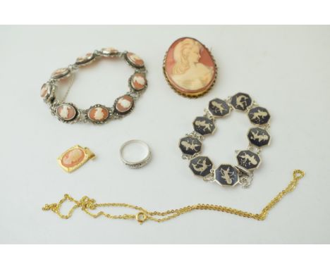 A collection of shell cameo jewellery to include pinchbeck brooch, bracelet on silver, gold-plated necklace together with a s