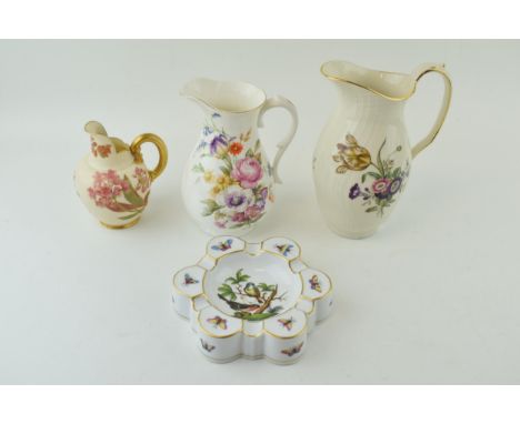 Pottery to include a Royal Worcester Blush ivory jug with ribbed handle, a Herend bird ashtray, a Royal Copenhagen floral spr