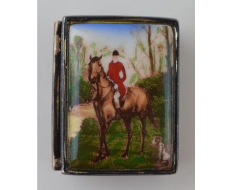 Continental 925 Silver Pill Box Vesta case with Porcelain Enamel Hunting Scene  