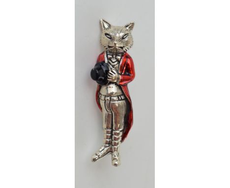 Sterling silver brooch in the form of a huntsman fox, with red enamelled decoration, 6.4g, modern, 4cm tall.  