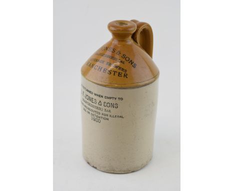 A vintage stoneware flagon 'S.F. JONES &amp; SONS' Manchester 1930. By Pearson &amp; Co. Height 28cm.  