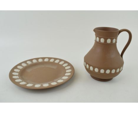 Wedgwood Jasperware plate seashells dark taupe / brown 6 3/4" plate with 5" jug. (2)  Both of first quality with minor damage