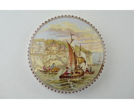 Prattware pot lid 'Pegwell Bay’ Lobster Fishing. Fluer-de-lis border. Diameter 12cm.  In original condition free of restorati