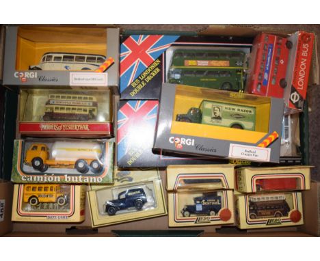 A collection of vintage boxed die cast model vehicles to include coaches and buses by Corgi,  Joal and Matchbox Models of Yes
