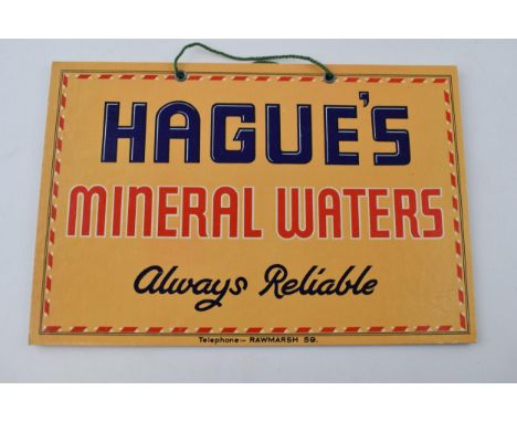 Vintage shop advertising display card for 'Hague's Mineral Waters' Rawmarsh. 9" x 6" on original string.  In new old stock co