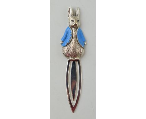 Silver bookmark with Peter Rabbit with blue enamel coat, 7.5cm long.  
