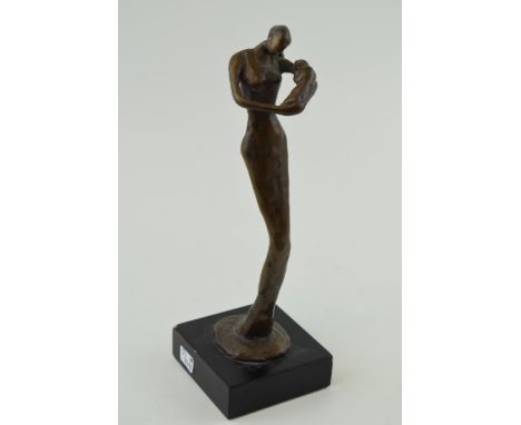 A bronze figure of mother and child in an impressionist style. Mounted on wooden base. Height 24cm.  Generally in good order,
