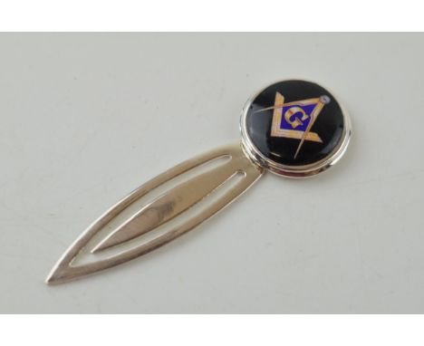 Silver and enamel bookmark with Masonic emblem, 6.1g, 58mm long.  Modern.