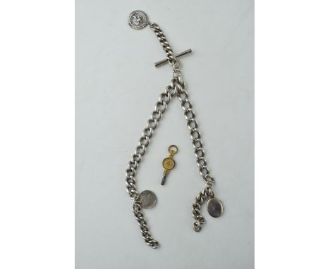 Silver graduated Albert chain (tests as silver) with a silver St Christopher and a silver locket with a plated coin and T-bar