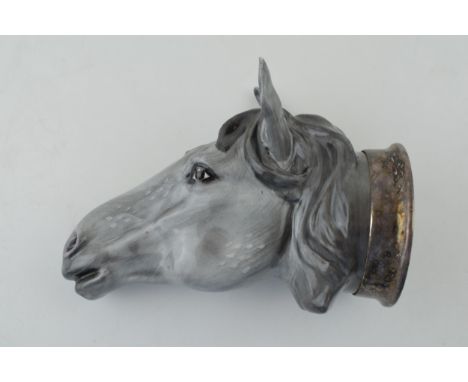Royale Stratford stirrup cup in the form of a horse's head, silver plated mount, 13cm tall.  In good condition with no obviou