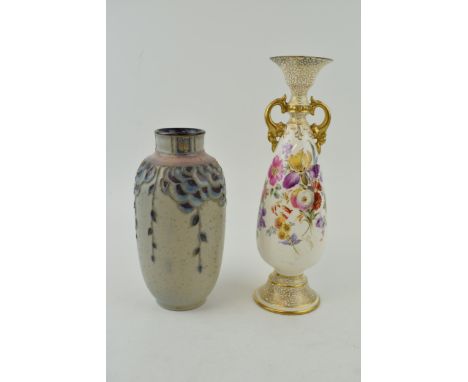 Royal Doulton stoneware vase with Art Deco design, mottled glaze, by Florrie Jones, 16cm tall, with a pottery two-handled vas