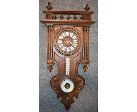 Vienna style clock with integrated barometer and thermometer. Height 89cm.  In good original condition. Untested.