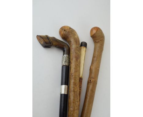 Victorian Cow Horn Handle Walking Stick Cane in the shape of a Hoof with Silver mounts with three others Sticks One Carved  C