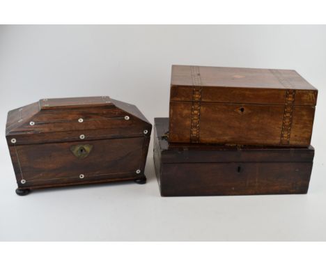 A trio of antique wooden boxes to include a Mother of Pearl inlaid tea caddy with associated bowl with two other similar boxe