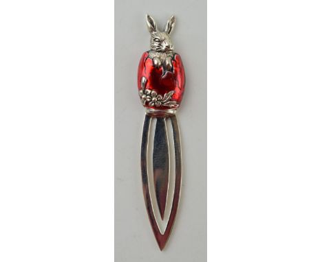 Sterling silver bookmark with an Easter bunny, red enamel, 6cm tall.  Modern.