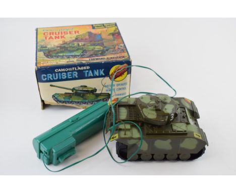 Boxed vintage 'Camouflaged Cruiser Tank' by Marx. Battery Operated Remote Control.  With gun turret missing.