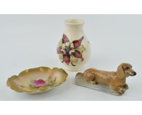 A Moorcroft clematis vase on magnolia, 10cm, with a Royal Worcester pink rose pin dish (chipped) and a Branksome China dachsh