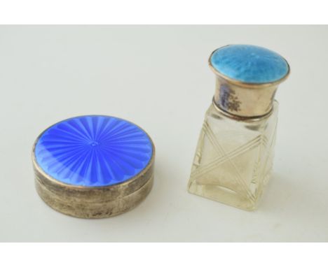 Two silver and guilloche enamel items to include a compact (marks rubbed) and a smelling salts jar, Birmingham 1921, 6cm tall