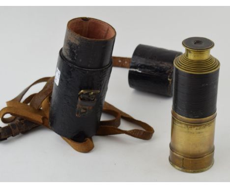 An antique telescope, inscribed  'H.F. Mayes. Dover'. Original leather case and brass end cap. Length 75cm.  Generally good, 