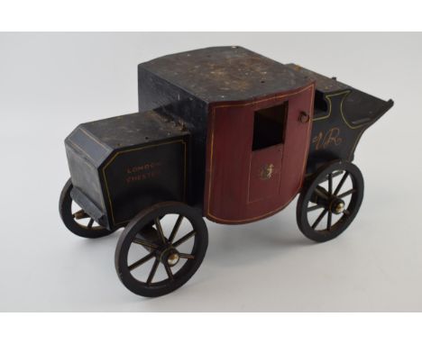 Scratchbuilt vintage model of a horse drawn carriage, 'London Chester VR', 38cm long.  