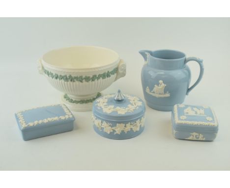 A collection of Wedgwood Embossed Queensware items, to include jug, height 16cm. A lidded circular pot 13cm diameter, a squar
