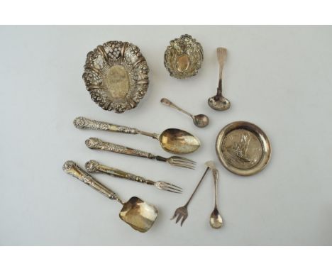 Silver to include two silver sweet dishes with 3 various small pieces of cutlery, 57.2g, with a set of four silver cased piec