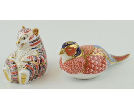 Royal Crown Derby paperweights to include a pheasant, first quality but no stopper, with a tiger cub, first quality with gold