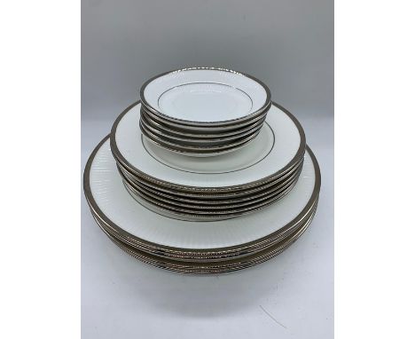 Staffordshire china five dinner plates, six side plates and six saucers 