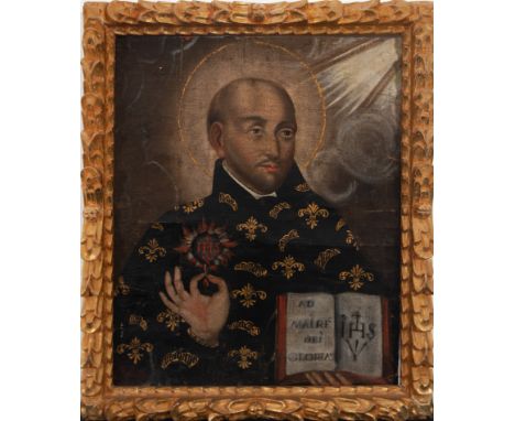 Very important and rare half-length portrait of the Jesuit Saint, characteristics are the impregnations in gold leaf used to 