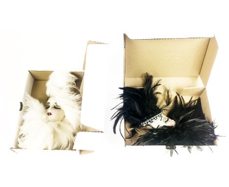 Two, boxed, vintage, hand-painted ceramic and real, black and white feather wall masks, Height: 30 cm, Width 15 cm. (2) In go