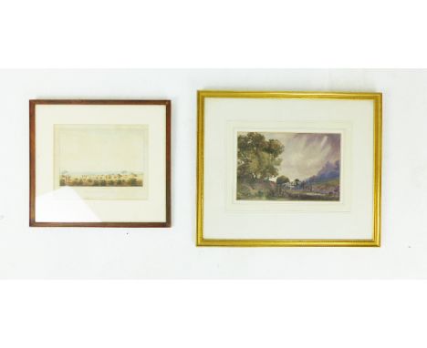 A gilt framed, 19th century watercolour landscape depicting a horse and cart arriving at a barge, sight size 17 x 26cm, toget