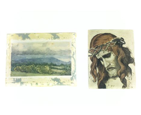 An unframed, detailed, oil on board portrait of Christ wearing the crown of thorns, details verso, 18.5 x 13.5cm, together wi
