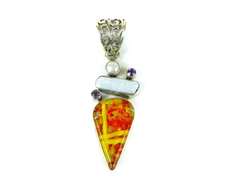 A sterling silver, pearl, amethyst and orange-coloured, dichroic glass pendant.