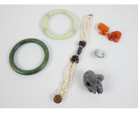 A collection of jewellery items to include two, antique, Chinese, jade bangles (one pale green, the other dark green) (Dia: 7
