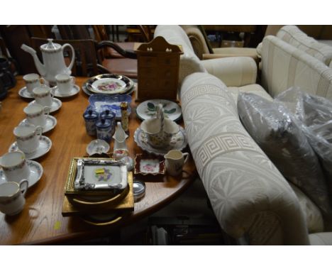 A table top chest; Spode storage jars; decorative plates; and a quantity of gilt framed prints etc. 