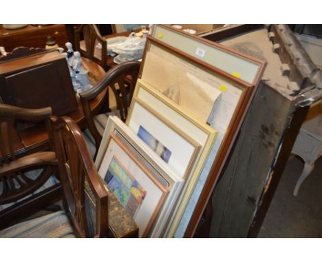 A quantity of various pictures to include watercolours, and a framed and glazed Ordnance Survey map