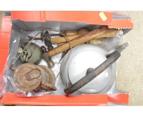 A box containing various hand tools; hurricane lamp; kettle etc